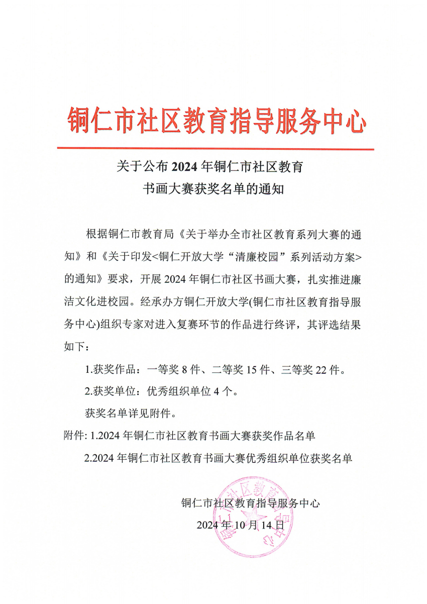 关于公布2024年铜仁市社区教育书画大赛获奖名单的通知